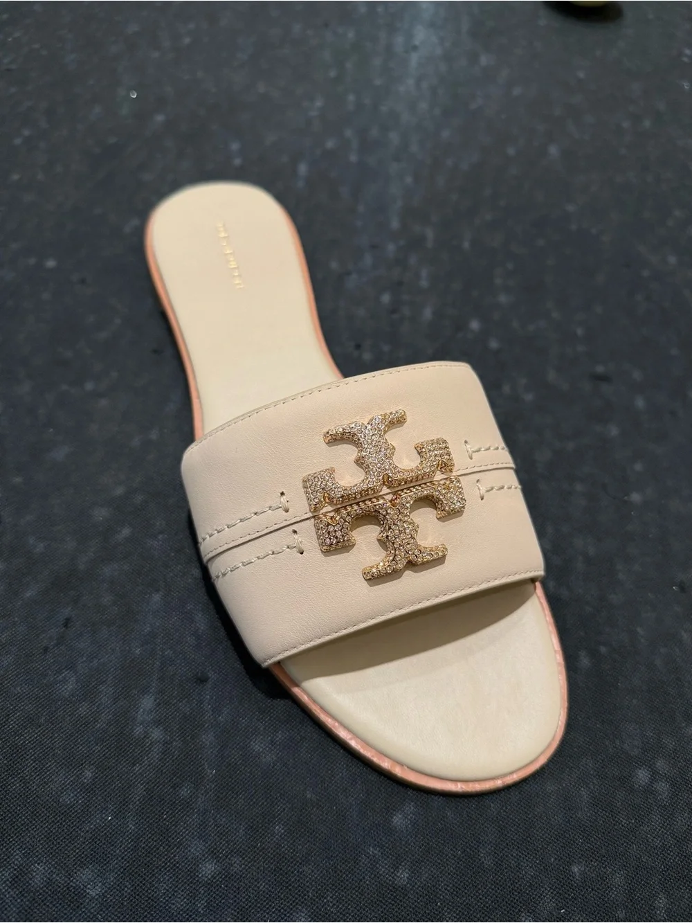 Tory Burch Everly Rhinestone Crystal Logo Slides Sandals Dulce De Leche Size 10